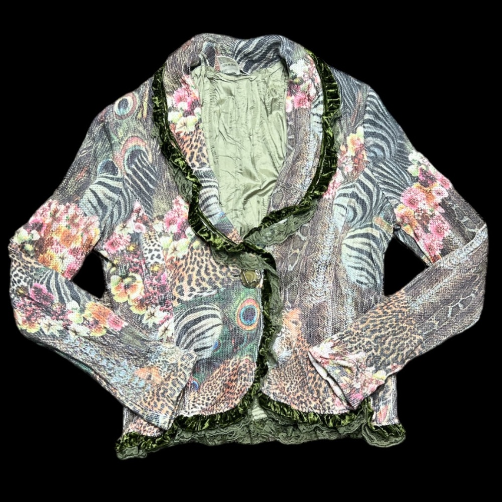 Alberto Makali Animal Jungle Screen Print Collar Sweater Velvet & Lace Trim